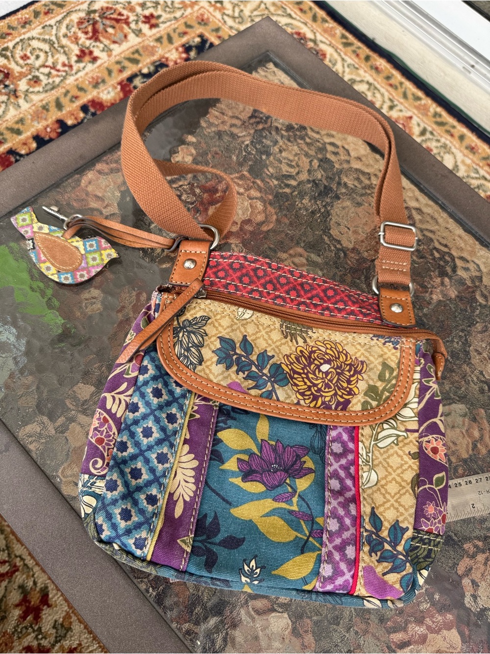 Fossil Key Bird Floral Print Crossbody Canvas Leather Bag Purse Built In Wallet
